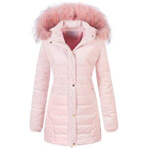 Women's Baby Pink Quilted Puffer Jacket Coat Warm Winter Button Faux Fur Hood